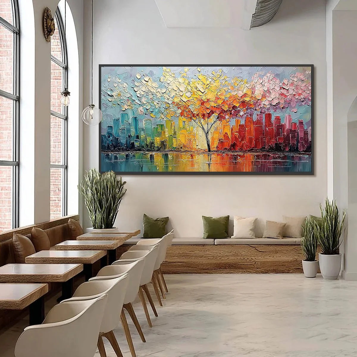 URBAN BLOOM: Colorful Textured Impasto Cityscape Painting | black frame version on white wall