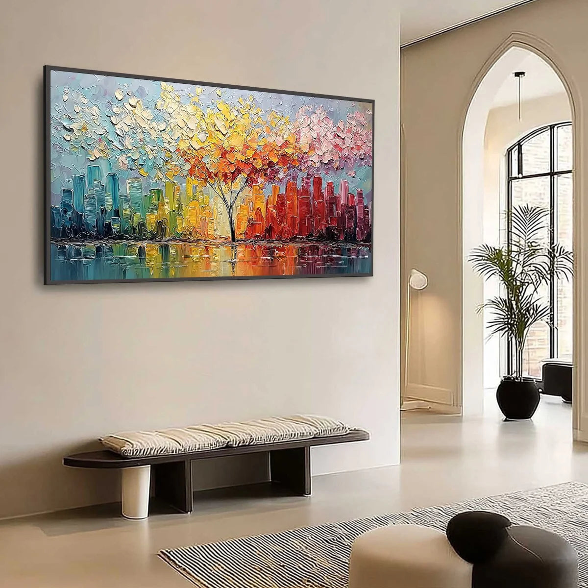 URBAN BLOOM: Colorful Textured Impasto Cityscape Painting | Abstract mood, soft natural light studio shot