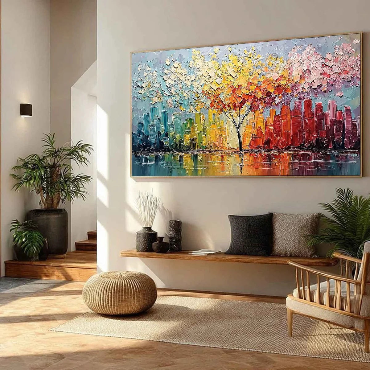 URBAN BLOOM: Colorful Textured Impasto Cityscape Painting | multi-color palette, original oil on stretched canvas art