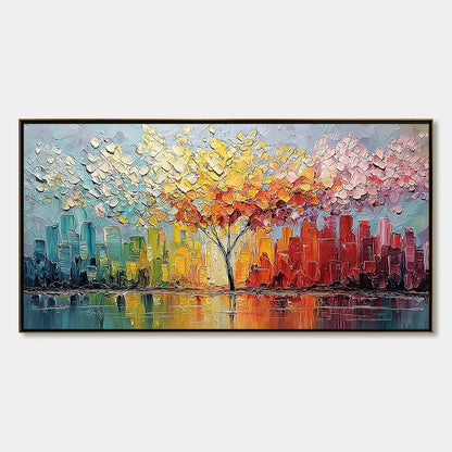 URBAN BLOOM: Colorful Textured Impasto Cityscape Painting | hanging in living room, Abstract wall art