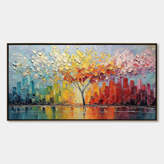 URBAN BLOOM: Colorful Textured Impasto Cityscape Painting | hanging in living room, Abstract wall art