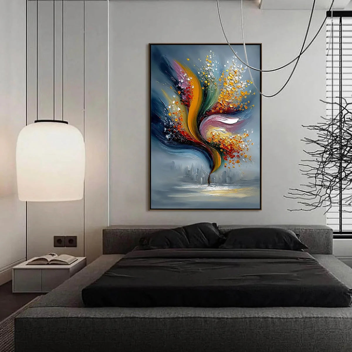 URBAN BLOOM: Textured Abstract Cityscape Palette Knife Painting | gold frame stretched on neutral wall