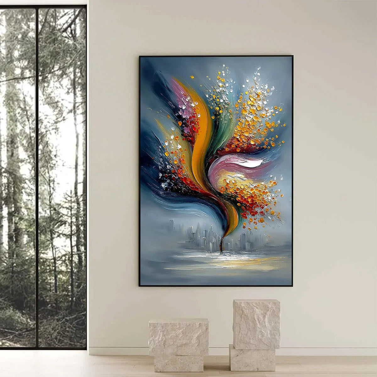 URBAN BLOOM: Textured Abstract Cityscape Palette Knife Painting | black frame version on white wall