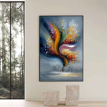 URBAN BLOOM: Textured Abstract Cityscape Palette Knife Painting | black frame version on white wall