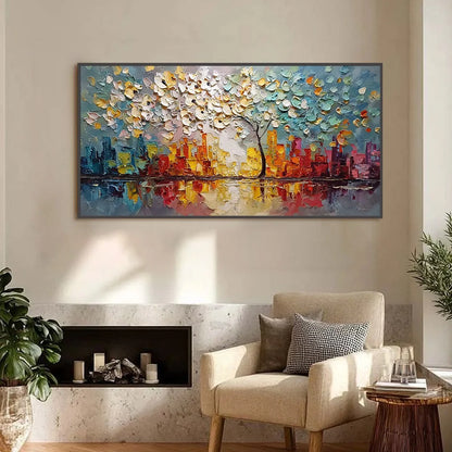 URBAN BLOSSOM: Textured Palette Knife Cityscape Reflection Painting | Abstract closeup, raised brushwork detail