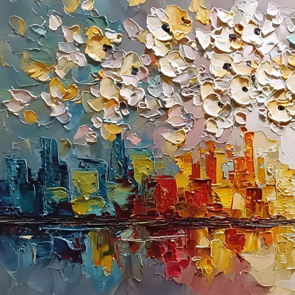 URBAN BLOSSOM: Textured Palette Knife Cityscape Reflection Painting | rectangular format, hand-painted canvas edge