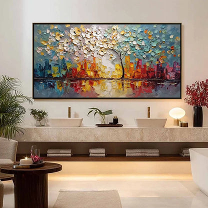 URBAN BLOSSOM: Textured Palette Knife Cityscape Reflection Painting | gold frame stretched on neutral wall