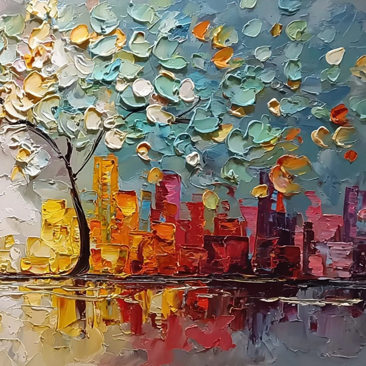 URBAN BLOSSOM: Textured Palette Knife Cityscape Reflection Painting | rolled canvas, ready for custom framing