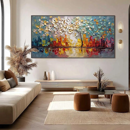 URBAN BLOSSOM: Textured Palette Knife Cityscape Reflection Painting | black frame version on white wall