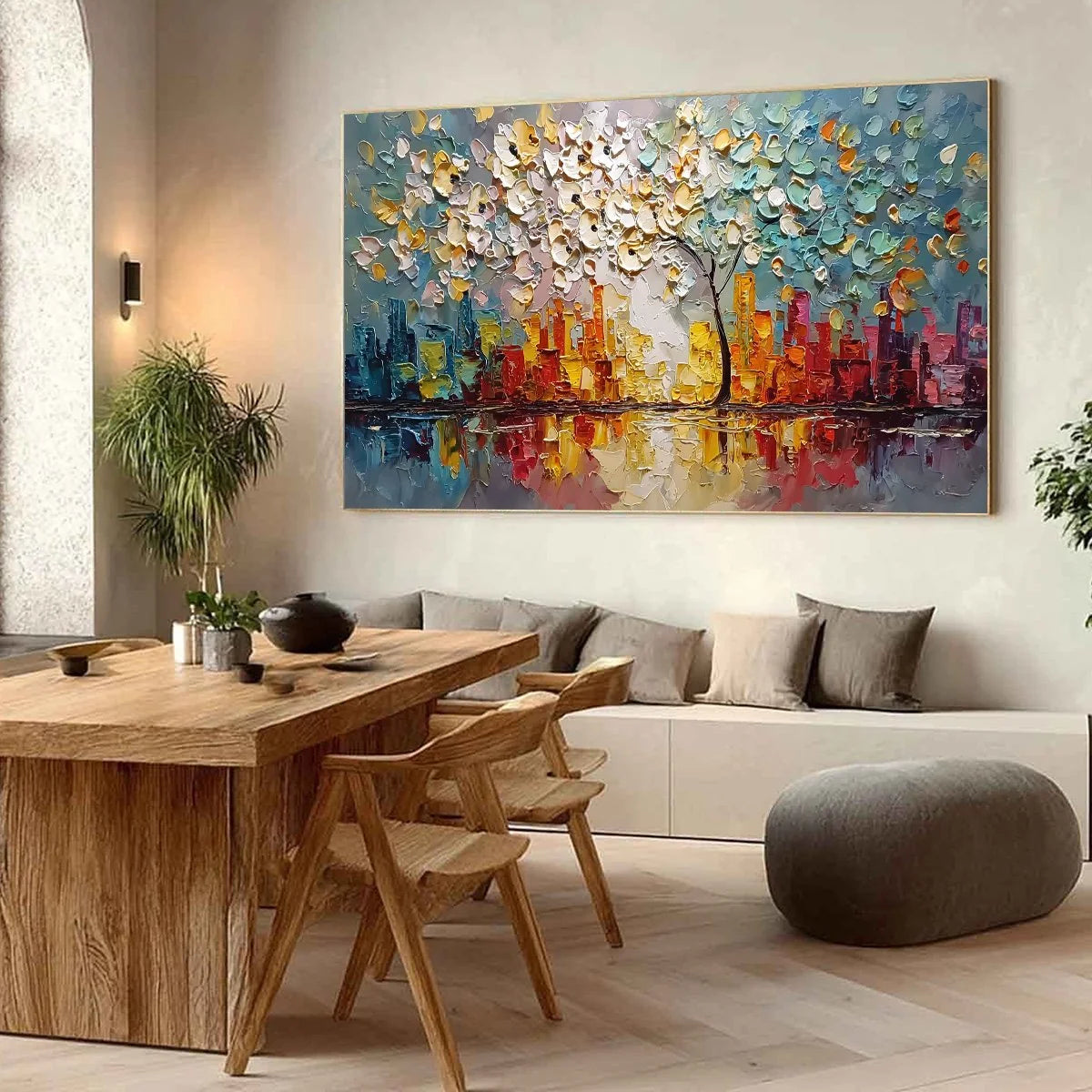 URBAN BLOSSOM: Textured Palette Knife Cityscape Reflection Painting | Abstract mood, soft natural light studio shot