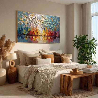 URBAN BLOSSOM: Textured Palette Knife Cityscape Reflection Painting | multi-color palette, original oil on stretched canvas art