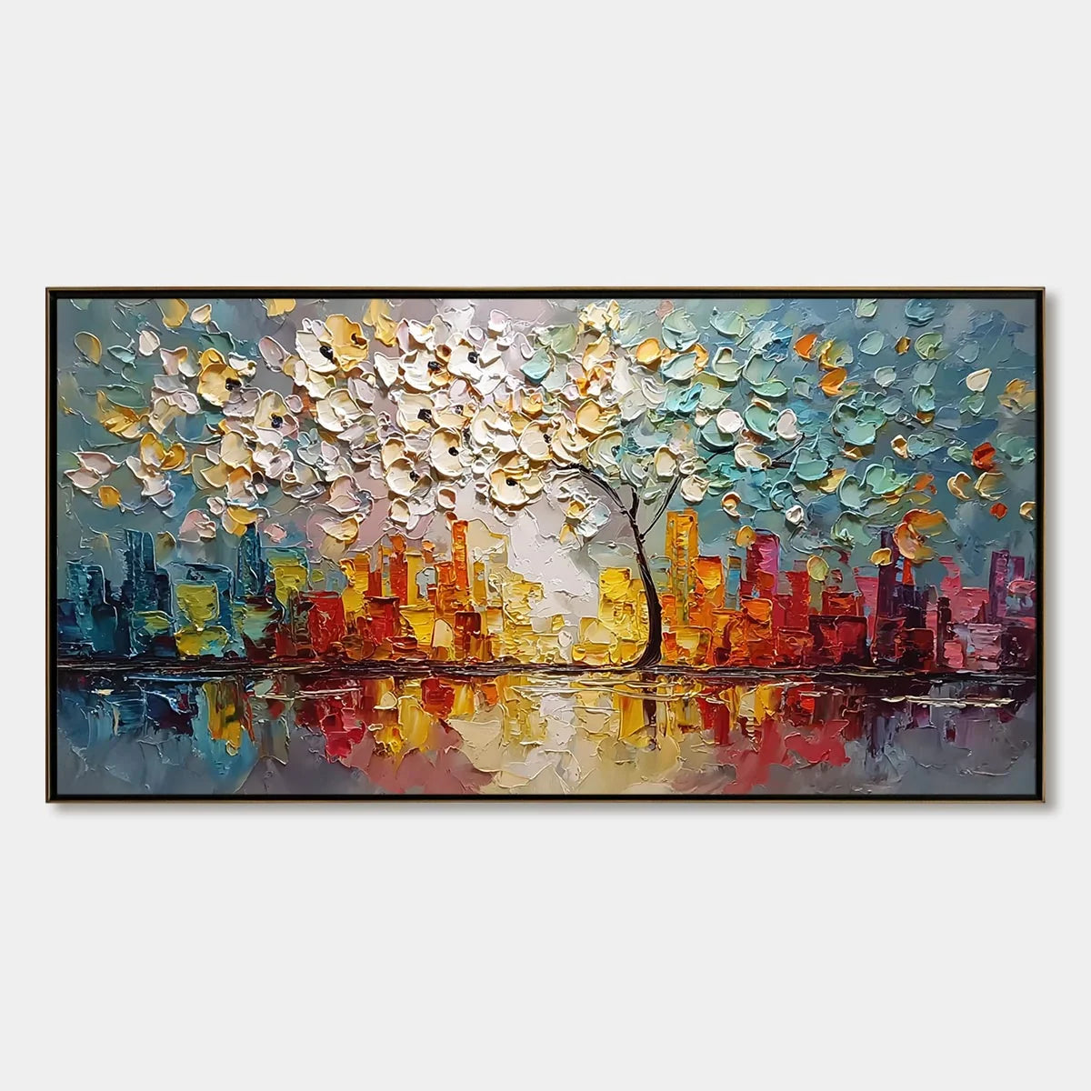 URBAN BLOSSOM: Textured Palette Knife Cityscape Reflection Painting | hanging in living room, Abstract wall art