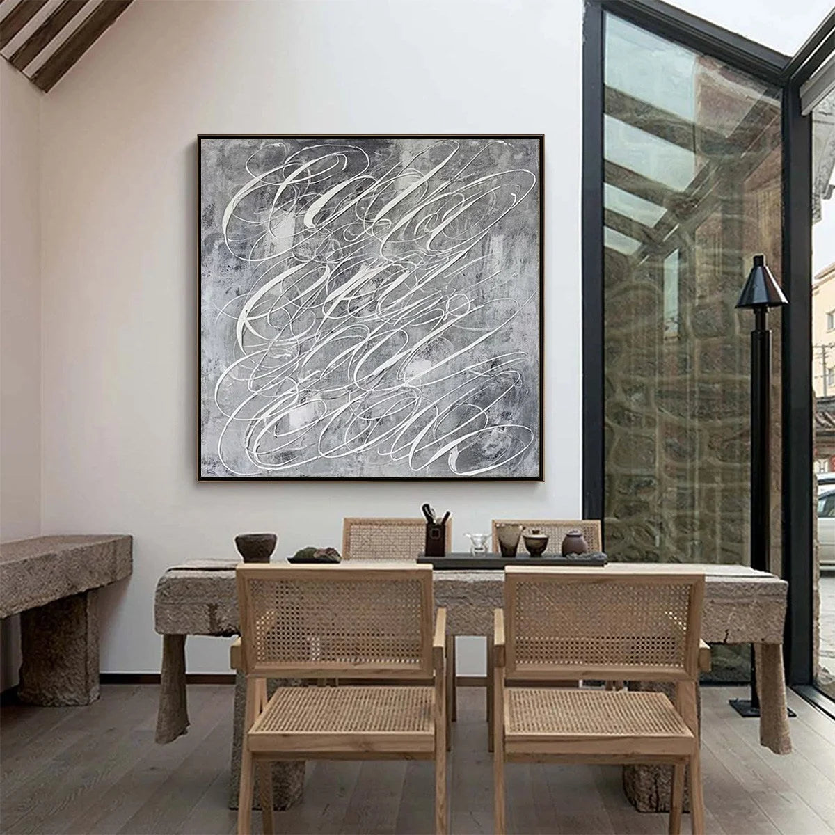 URBAN CALLIGRAPHY: Textured Monochrome Abstract Calligraphy Painting | gold frame stretched on neutral wall