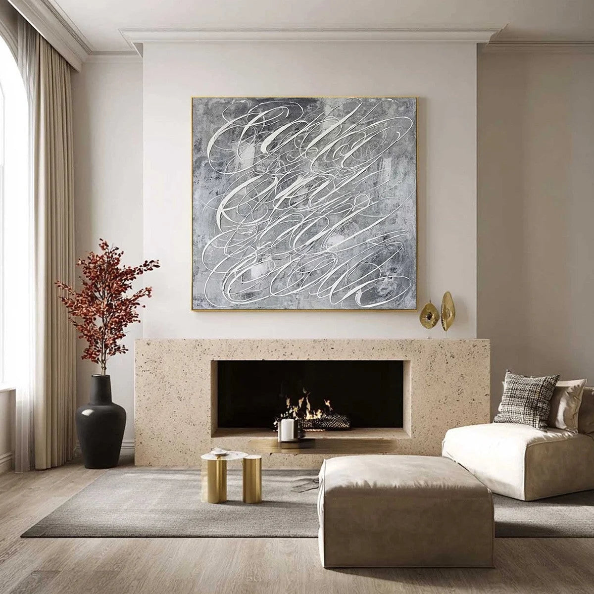 URBAN CALLIGRAPHY: Textured Monochrome Abstract Calligraphy Painting | black frame version on white wall