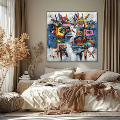 URBAN CARNIVAL: Bold Colorful Textured Abstract Wall Art for Modern Spaces | gold frame stretched on neutral wall