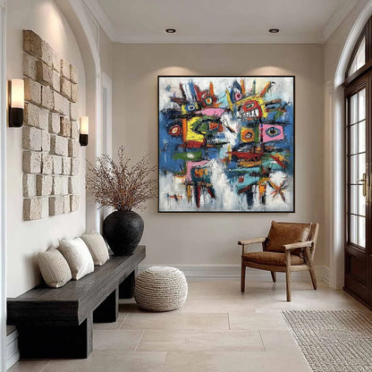 URBAN CARNIVAL: Bold Colorful Textured Abstract Wall Art for Modern Spaces | black frame version on white wall