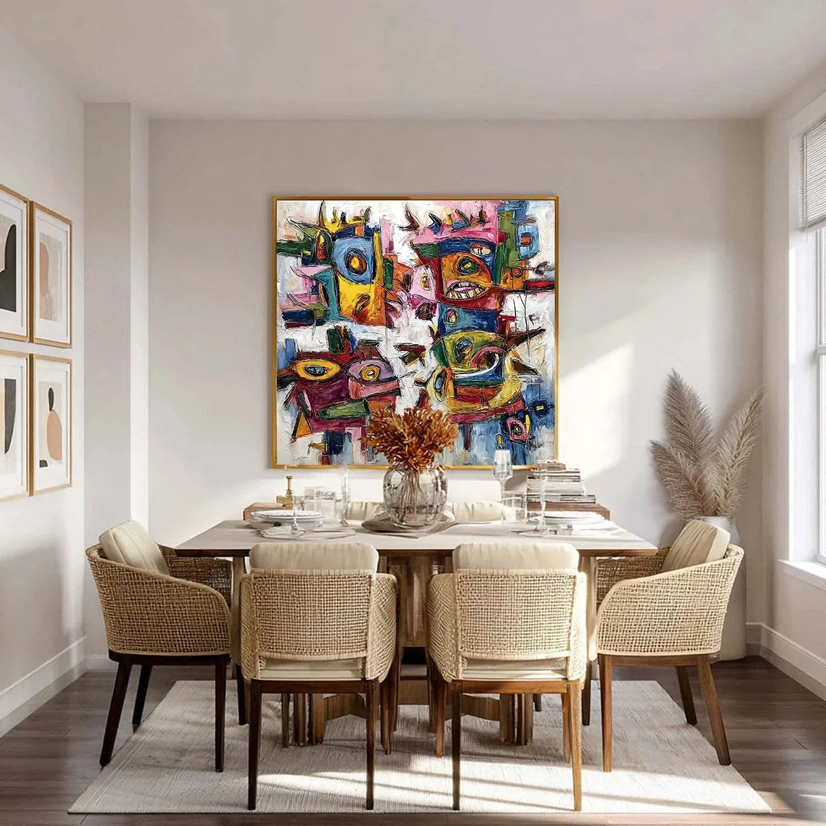 URBAN CARNIVAL: Large Colorful Abstract Impasto Painting for Modern Decor | gold frame stretched on neutral wall