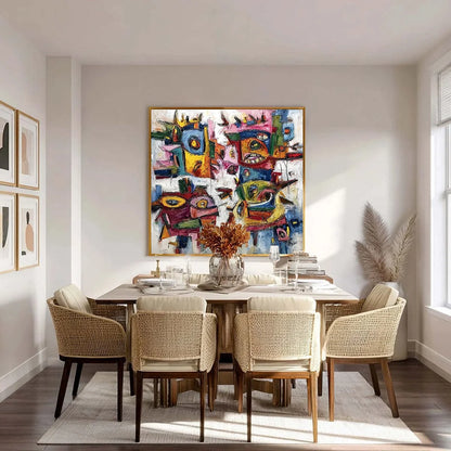 URBAN CARNIVAL: Large Colorful Abstract Impasto Painting for Modern Decor | gold frame stretched on neutral wall