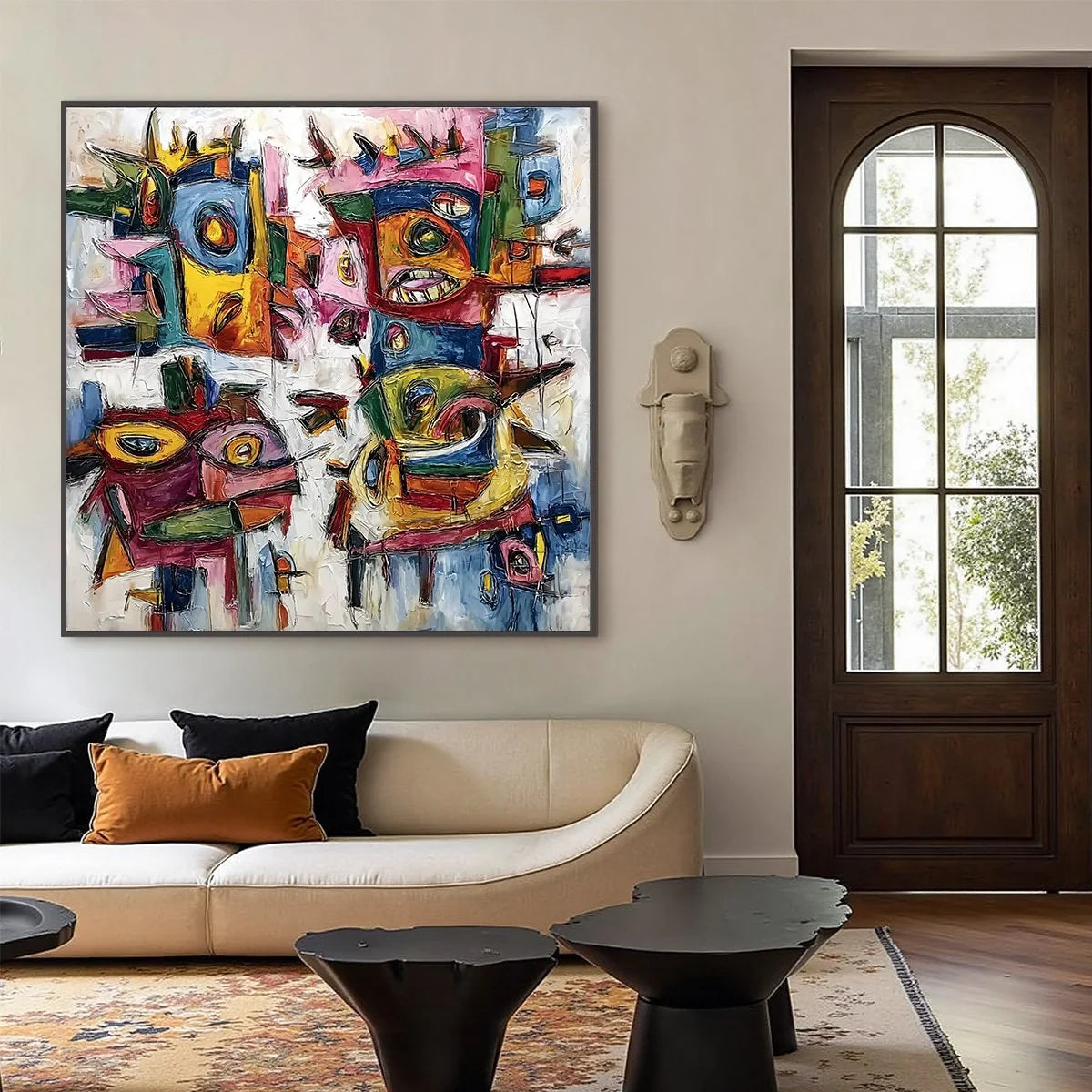 URBAN CARNIVAL: Large Colorful Abstract Impasto Painting for Modern Decor | black frame version on white wall