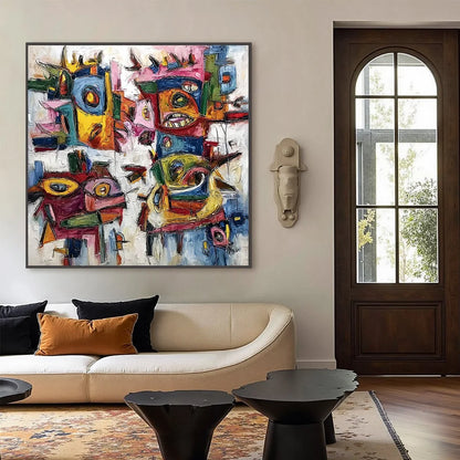 URBAN CARNIVAL: Large Colorful Abstract Impasto Painting for Modern Decor | black frame version on white wall