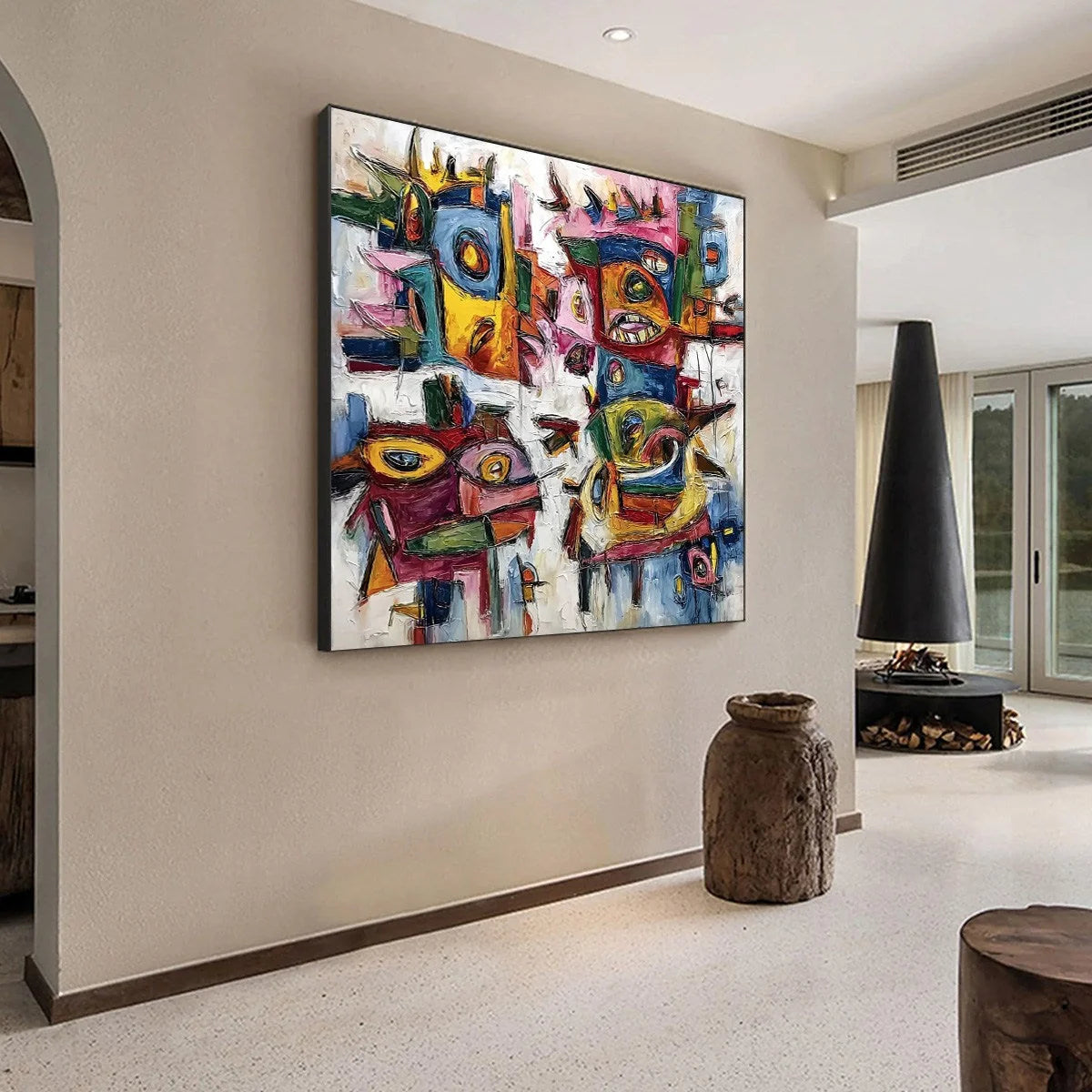 URBAN CARNIVAL: Large Colorful Abstract Impasto Painting for Modern Decor | Abstract mood, soft natural light studio shot