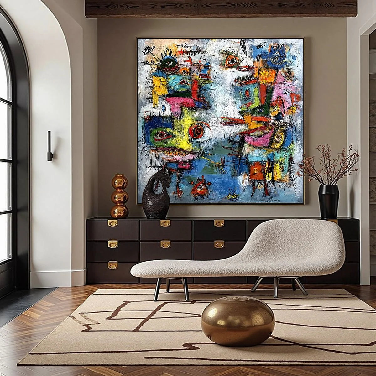 CONFRONTATION: Vibrant Abstract Figurative Expressionist Painting | gold frame stretched on neutral wall