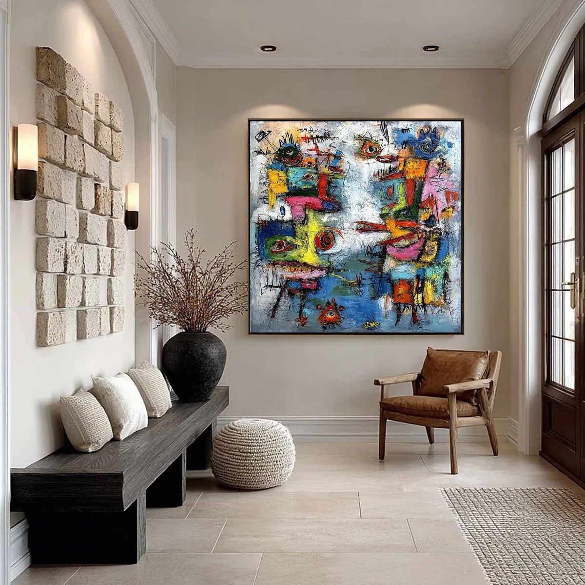 CONFRONTATION: Vibrant Abstract Figurative Expressionist Painting | black frame version on white wall
