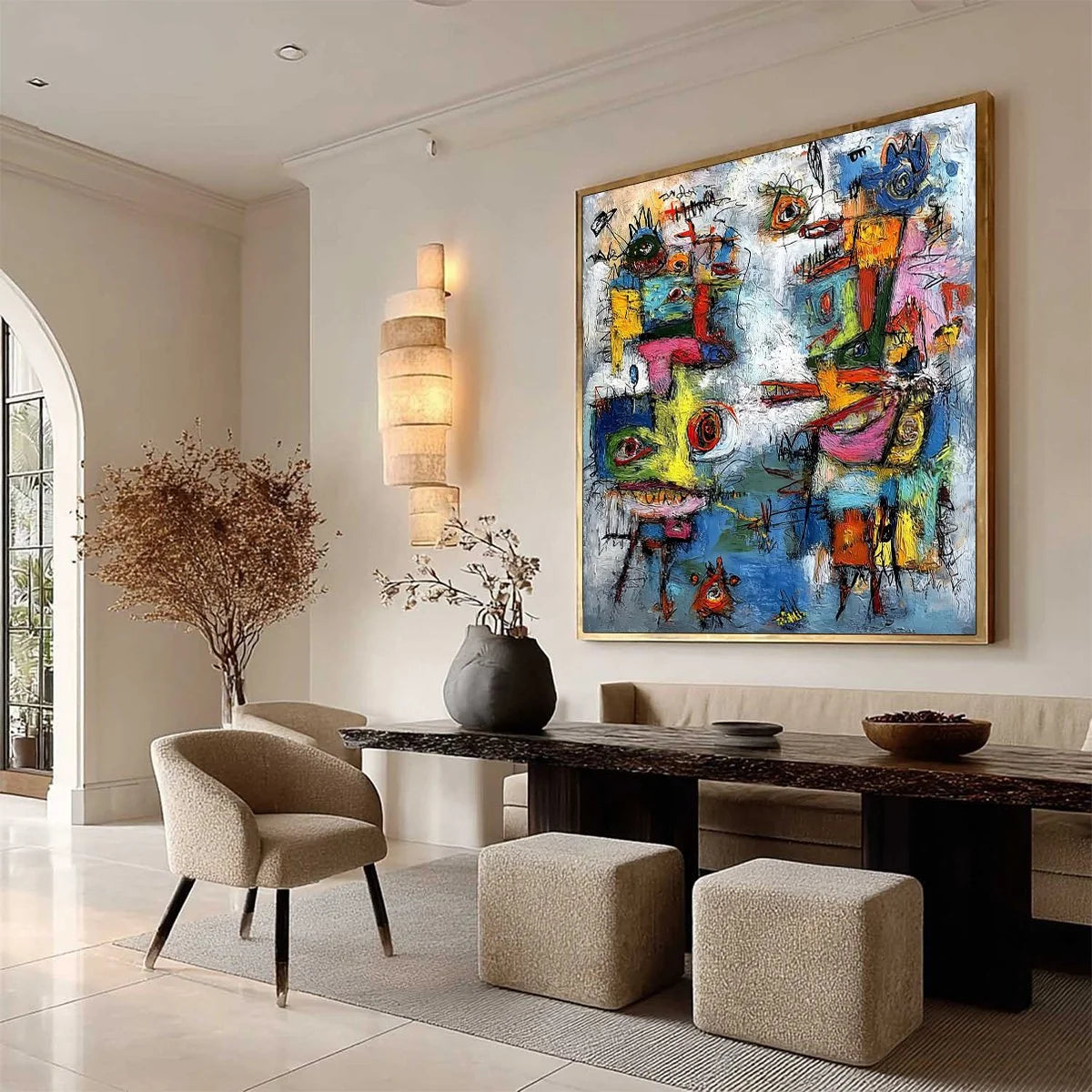 CONFRONTATION: Vibrant Abstract Figurative Expressionist Painting | beige palette, original Hand-painted on premium stretched canvas using artist-grade oils; rich layered surface combines smooth gr...