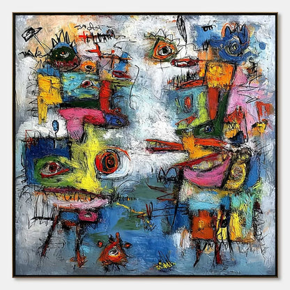 CONFRONTATION: Vibrant Abstract Figurative Expressionist Painting | hanging in CONFRONTATION: Vibrant Abstract Figurative Expressionist Painting featuring layered textured brushwork in refined tone...