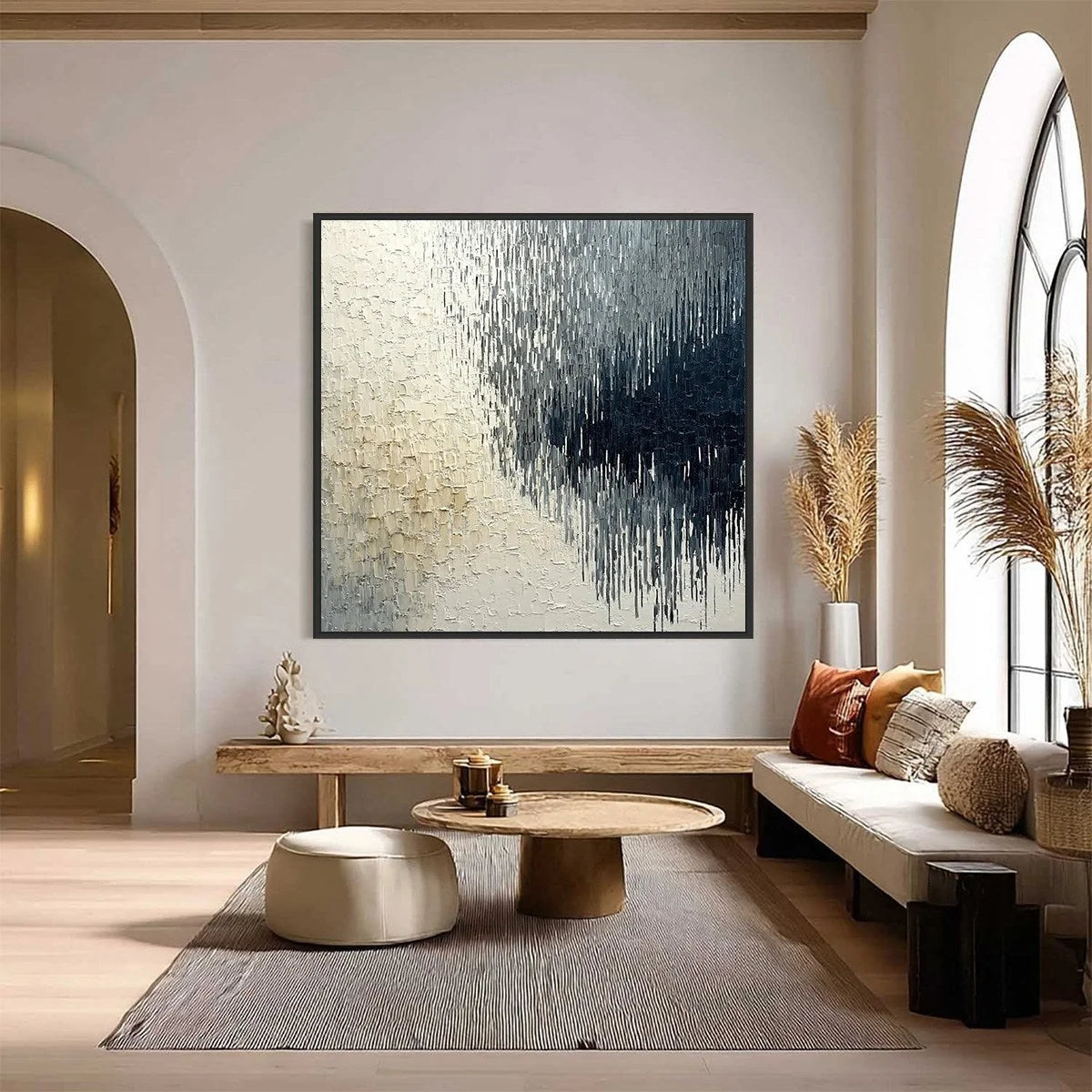 URBAN CASCADE: Large Square Textured Monochrome Abstract Painting | Abstract closeup, raised brushwork detail