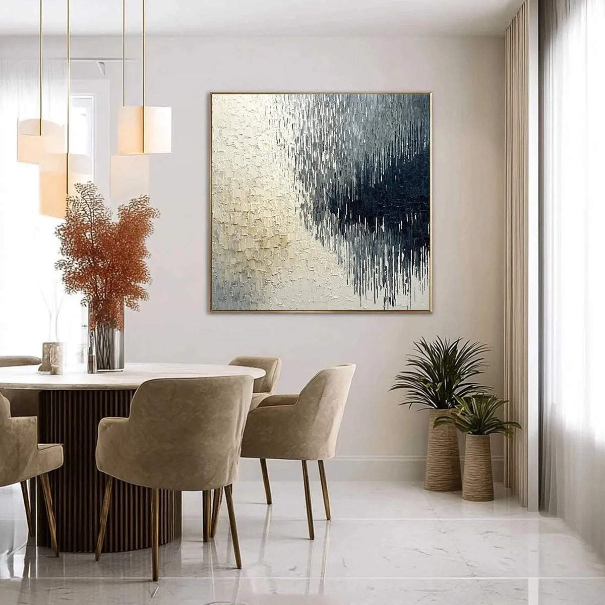 URBAN CASCADE: Large Square Textured Monochrome Abstract Painting | gold frame stretched on neutral wall