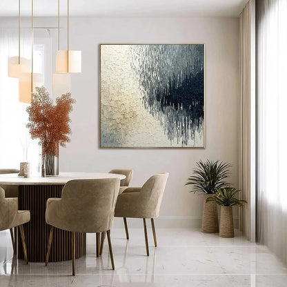 URBAN CASCADE: Large Square Textured Monochrome Abstract Painting | gold frame stretched on neutral wall