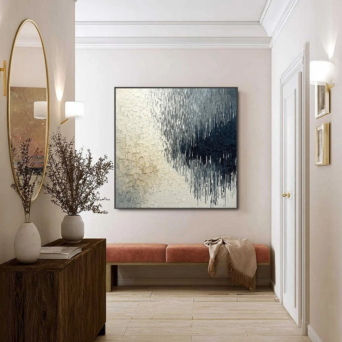 URBAN CASCADE: Large Square Textured Monochrome Abstract Painting | black frame version on white wall