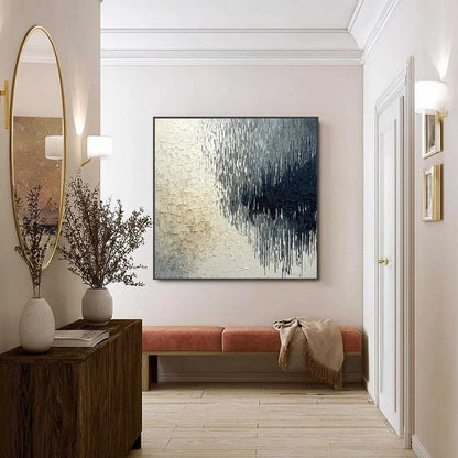 URBAN CASCADE: Large Square Textured Monochrome Abstract Painting | black frame version on white wall