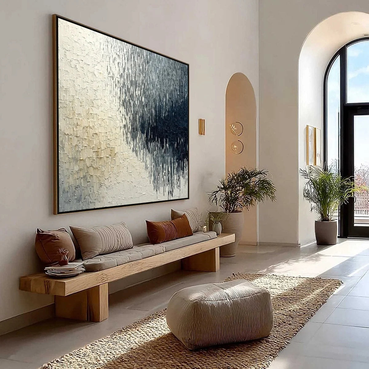 URBAN CASCADE: Large Square Textured Monochrome Abstract Painting | Abstract mood, soft natural light studio shot