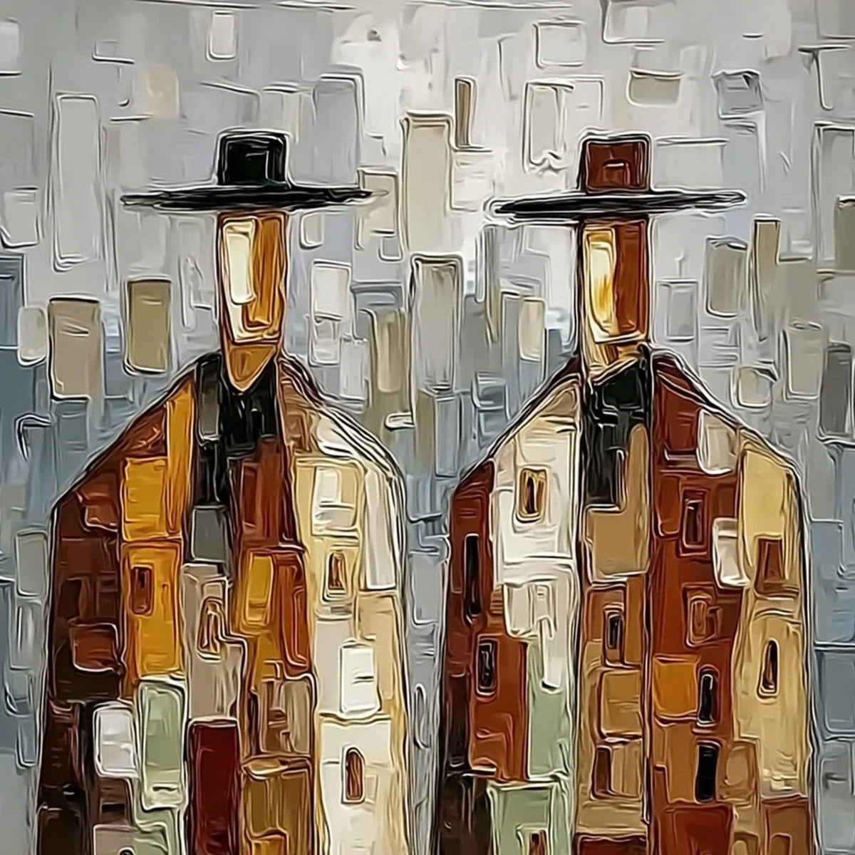 URBAN COMPANIONS: Textured Abstract Figurative Impasto Painting | rectangular format, hand-painted canvas edge