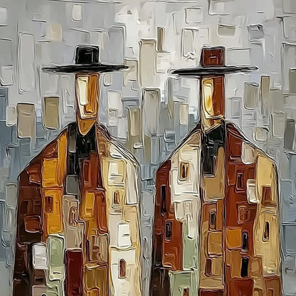 URBAN COMPANIONS: Textured Abstract Figurative Impasto Painting | rectangular format, hand-painted canvas edge