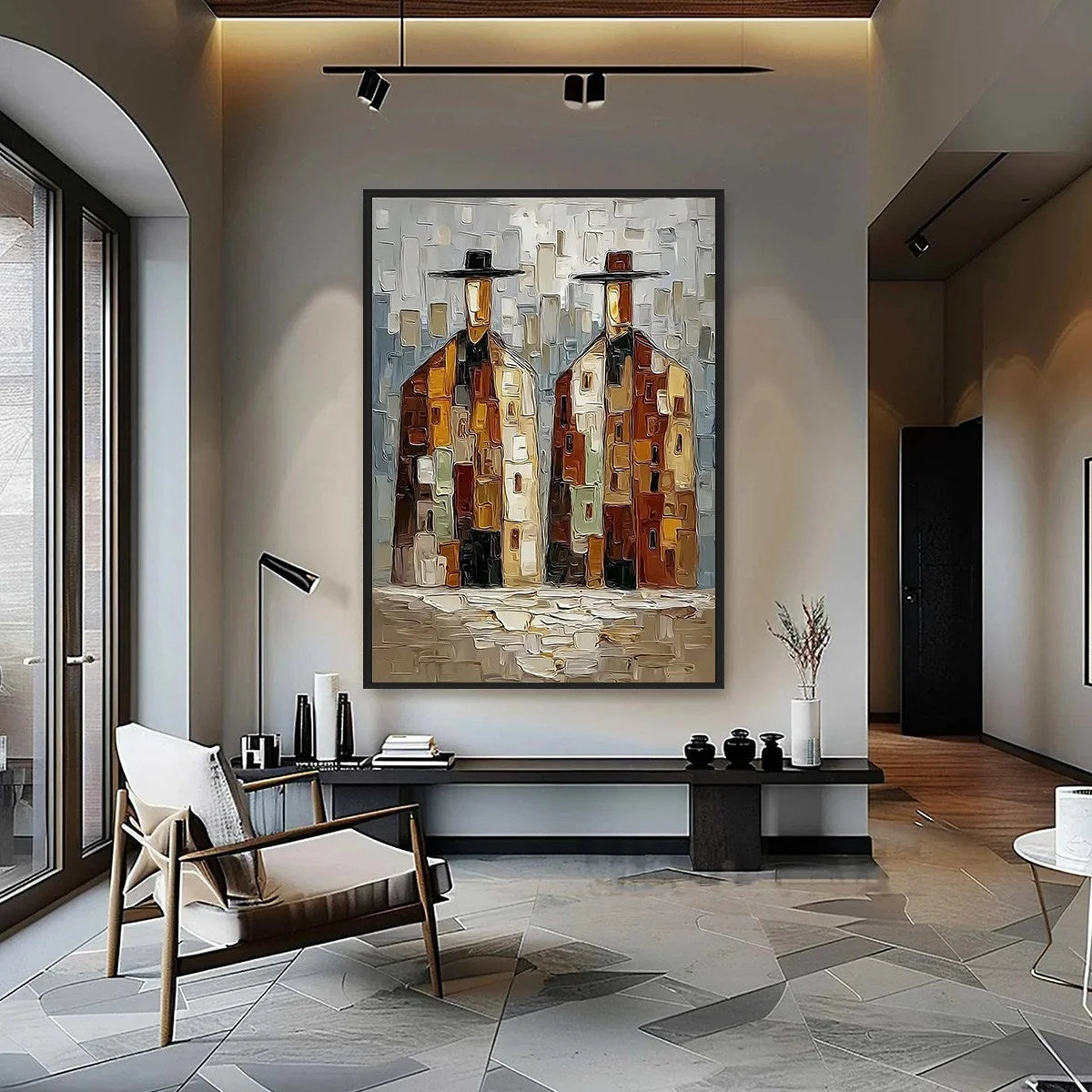 URBAN COMPANIONS: Textured Abstract Figurative Impasto Painting | gold frame stretched on neutral wall