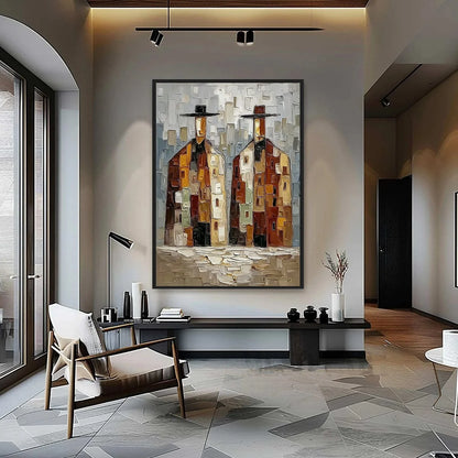 URBAN COMPANIONS: Textured Abstract Figurative Impasto Painting | gold frame stretched on neutral wall