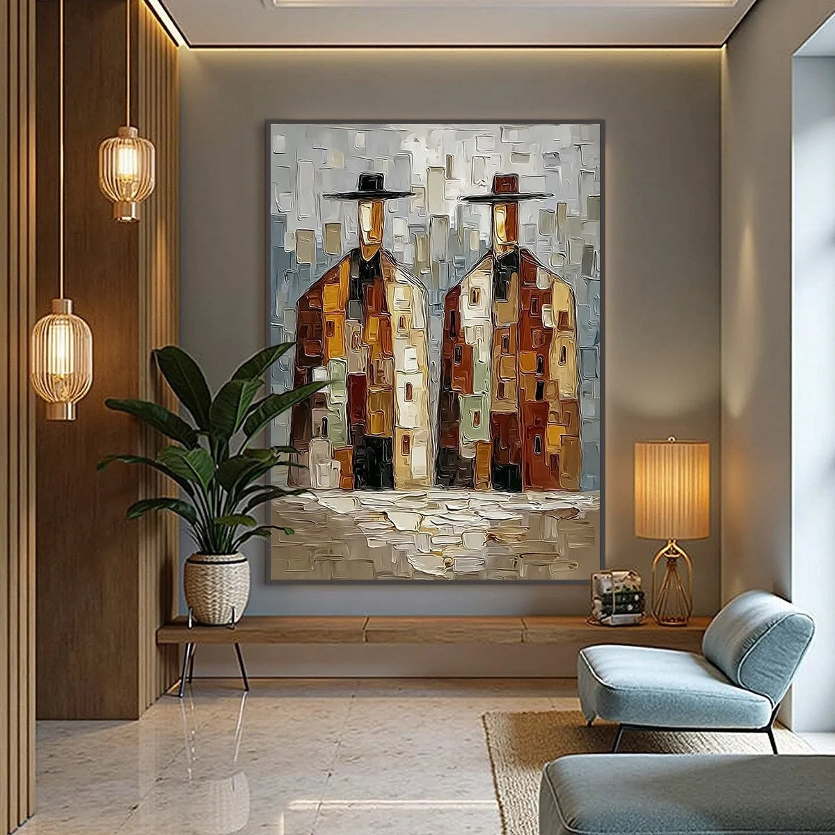 URBAN COMPANIONS: Textured Abstract Figurative Impasto Painting | black frame version on white wall