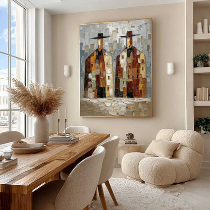 URBAN COMPANIONS: Textured Abstract Figurative Impasto Painting | Figurative mood, soft natural light studio shot