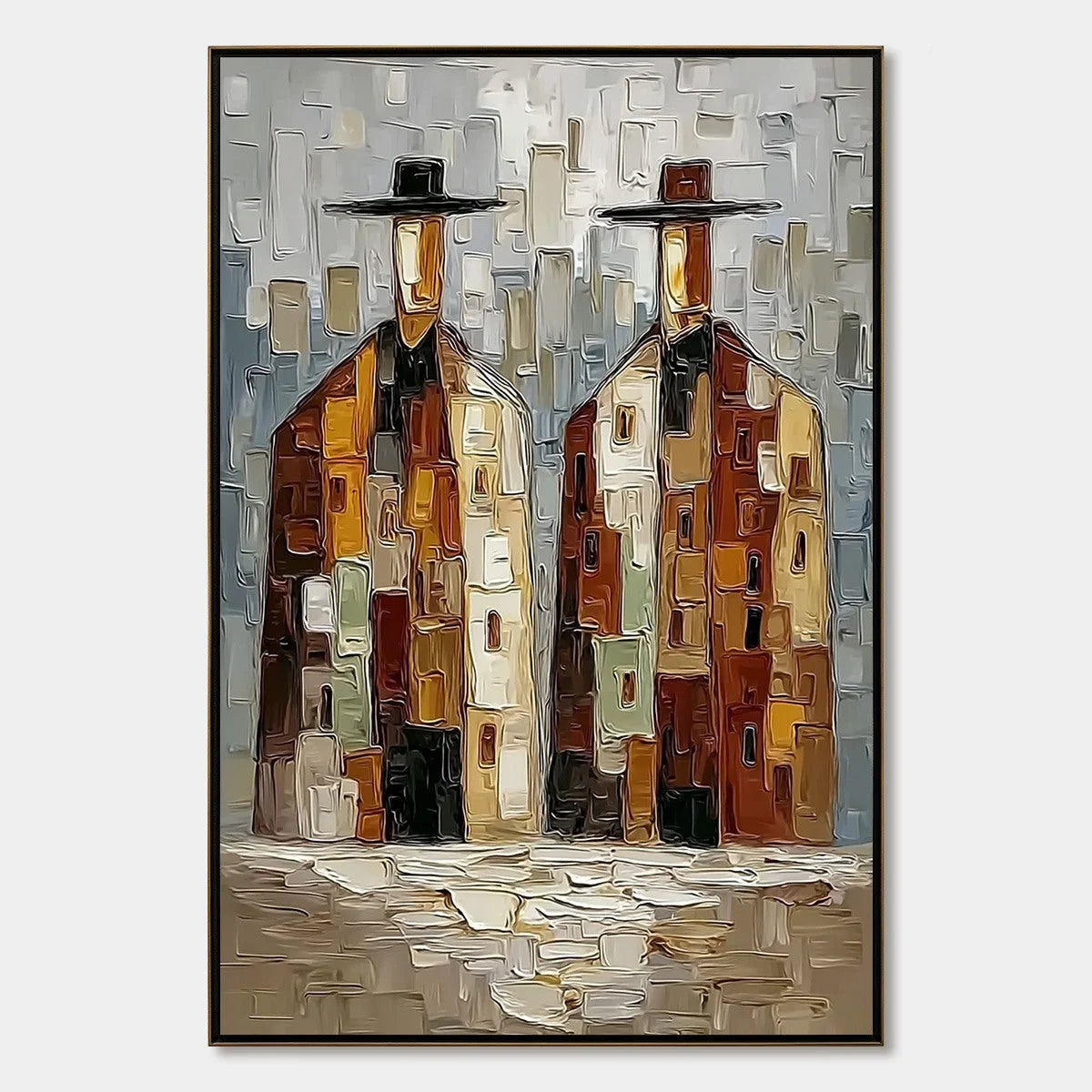 URBAN COMPANIONS: Textured Abstract Figurative Impasto Painting | hanging in living room, Figurative wall art