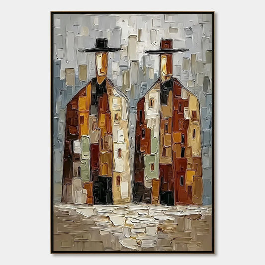 URBAN COMPANIONS: Textured Abstract Figurative Impasto Painting | hanging in living room, Figurative wall art