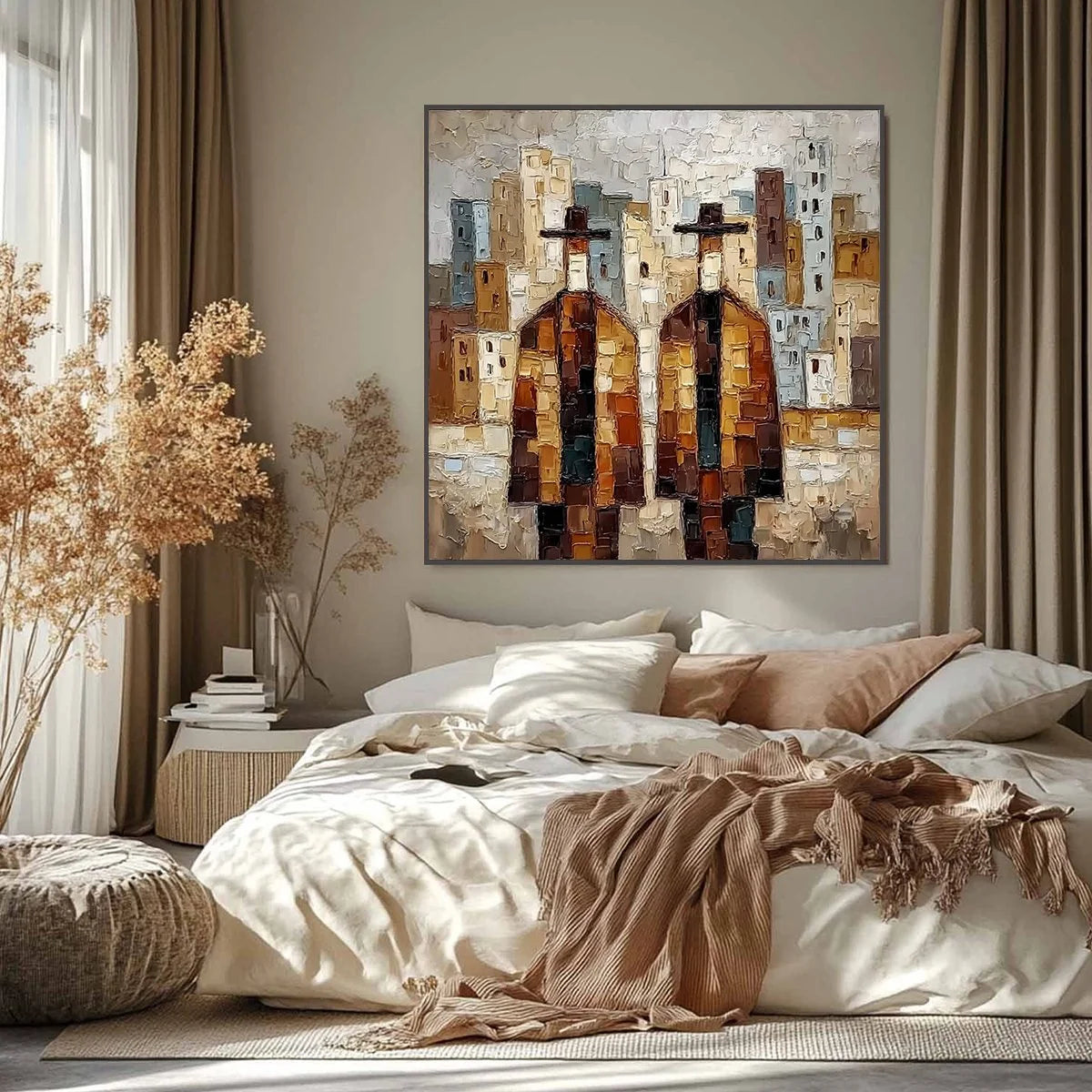 URBAN COMPANIONS: Textured Figurative Cityscape Palette Knife Painting | Figurative closeup, raised brushwork detail