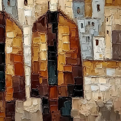 URBAN COMPANIONS: Textured Figurative Cityscape Palette Knife Painting | rectangular format, hand-painted canvas edge