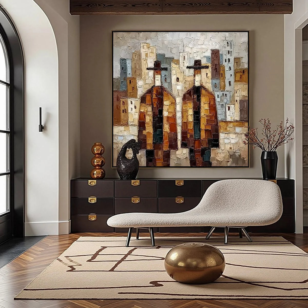 URBAN COMPANIONS: Textured Figurative Cityscape Palette Knife Painting | gold frame stretched on neutral wall