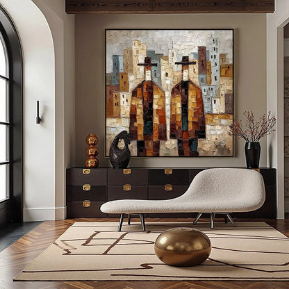 URBAN COMPANIONS: Textured Figurative Cityscape Palette Knife Painting | gold frame stretched on neutral wall