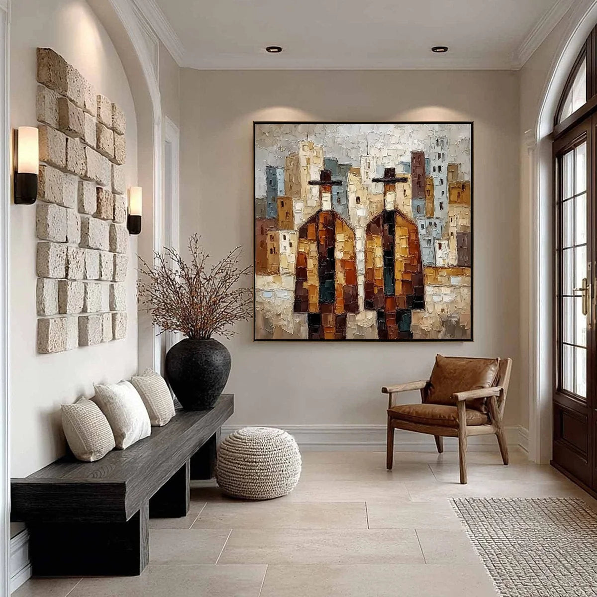 URBAN COMPANIONS: Textured Figurative Cityscape Palette Knife Painting | black frame version on white wall