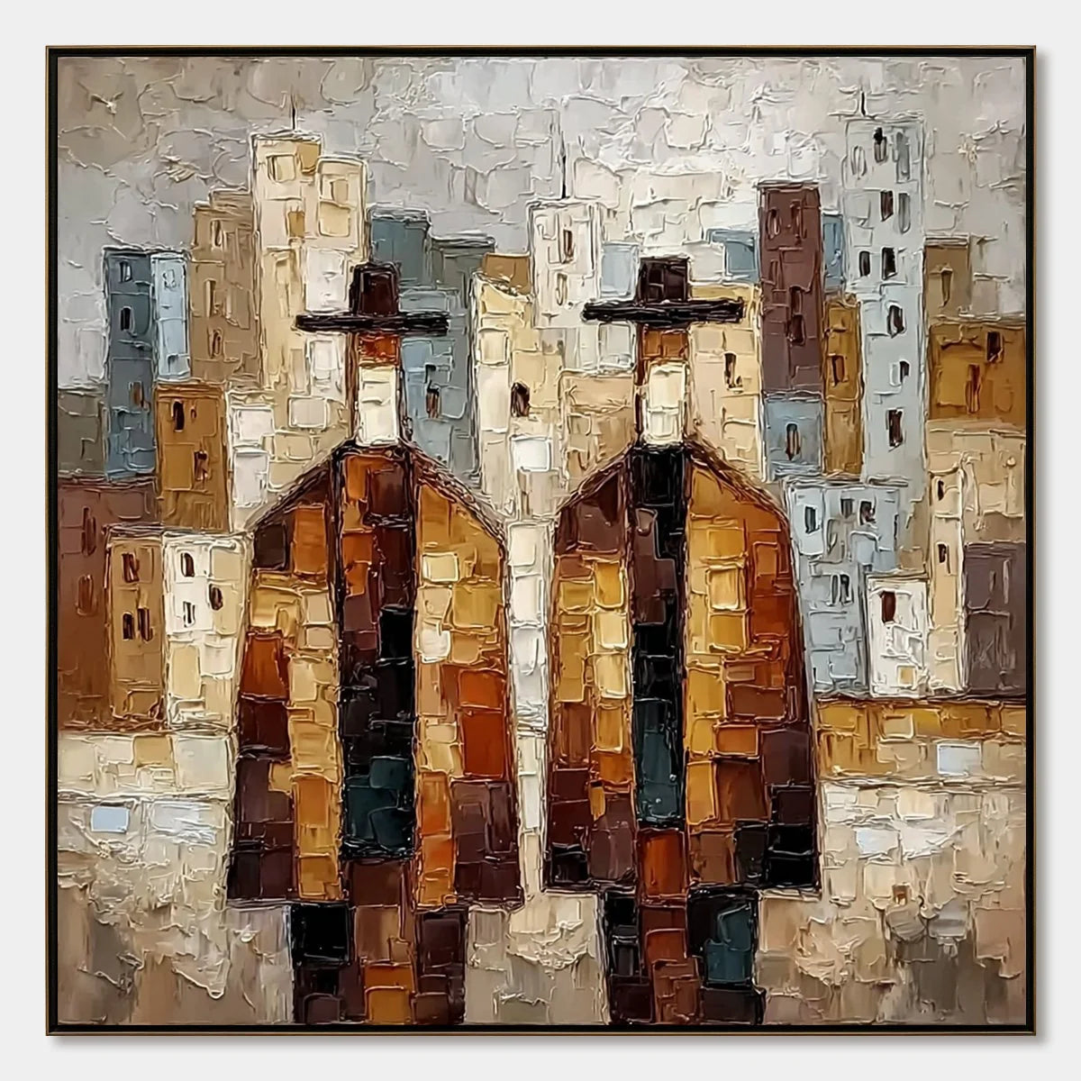 URBAN COMPANIONS: Textured Figurative Cityscape Palette Knife Painting | hanging in living room, Figurative wall art
