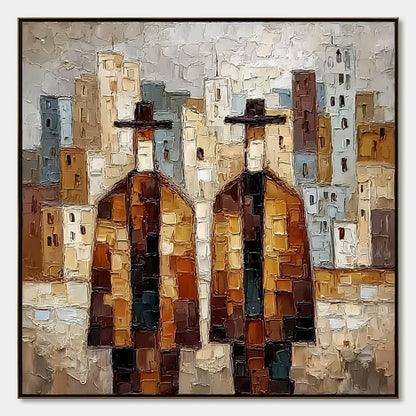 URBAN COMPANIONS: Textured Figurative Cityscape Palette Knife Painting | hanging in living room, Figurative wall art